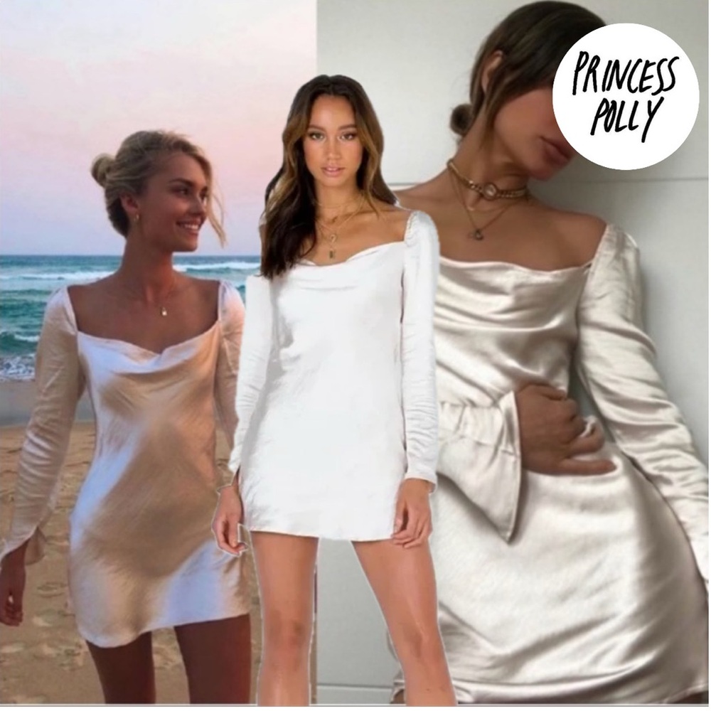 Princess Polly Ivory Satin Champagne Cowl Neck Long Sleeve Mini Dress